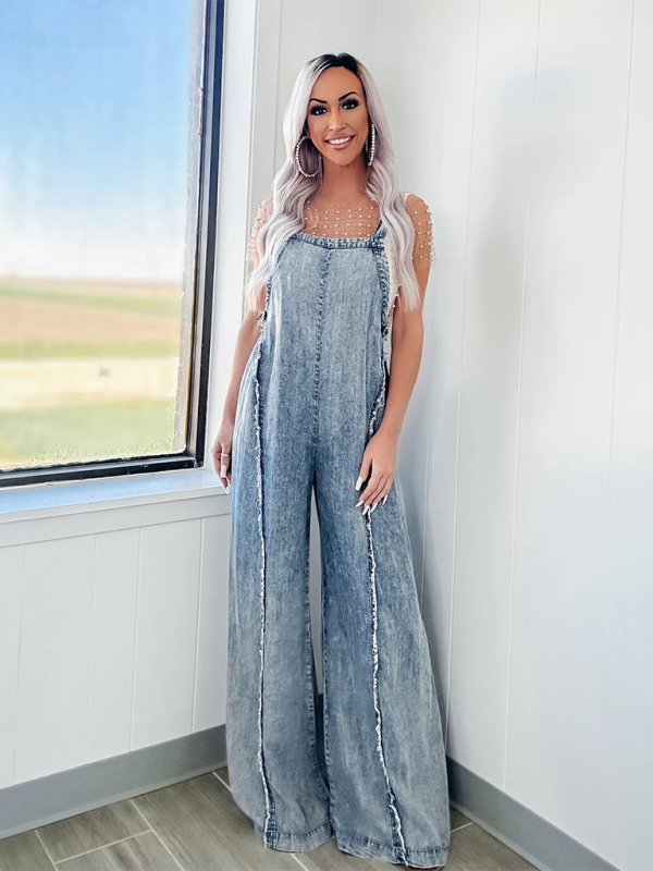 Raw Edge Vintage Washed Wide Leg Overall Jumpsuit with Pockets