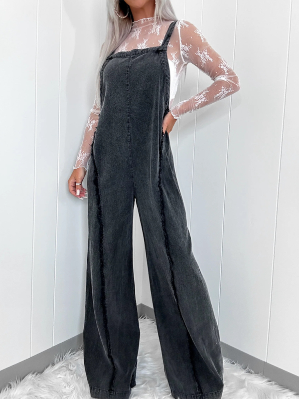 Raw Edge Vintage Washed Wide Leg Overall Jumpsuit with Pockets