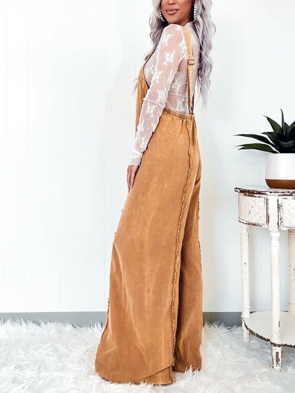 Raw Edge Vintage Washed Wide Leg Overall Jumpsuit with Pockets