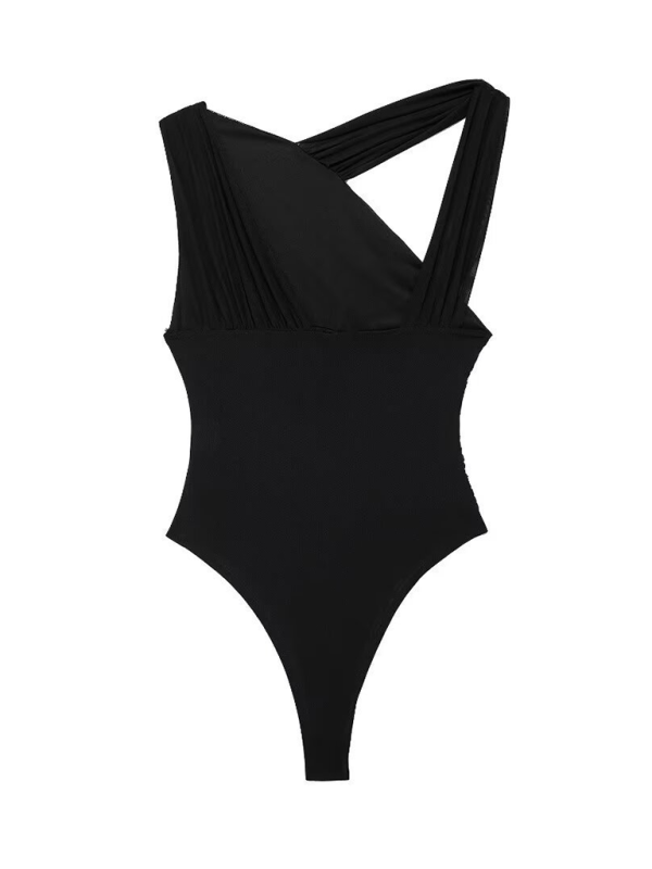 Asymmetric Pleated Tulle Bodysuit