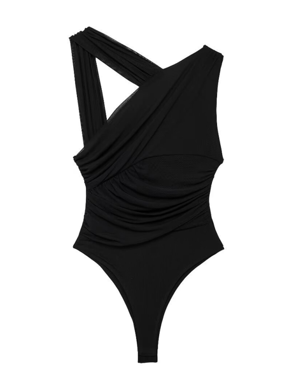 Asymmetric Pleated Tulle Bodysuit