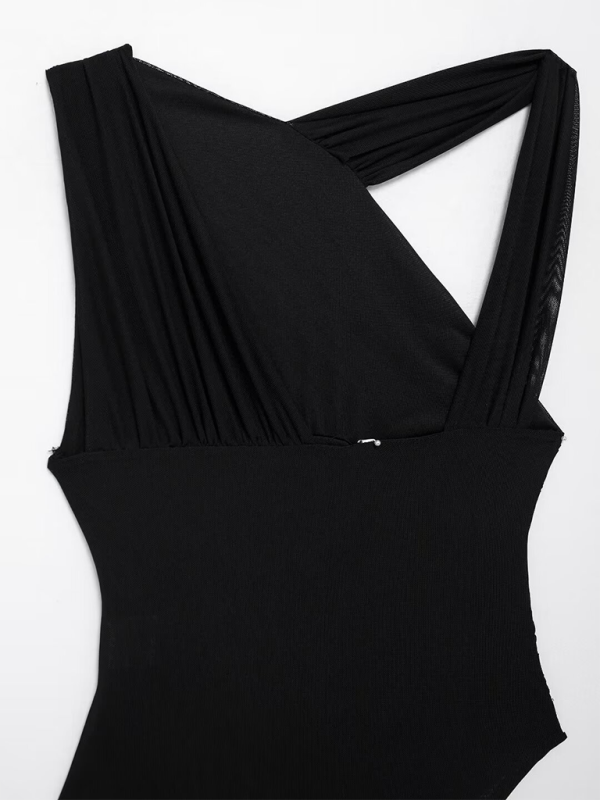 Asymmetric Pleated Tulle Bodysuit