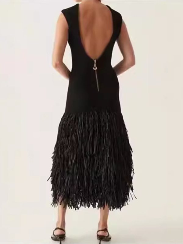 Retro Chic Round Neck Open Back Tassel Long Dress