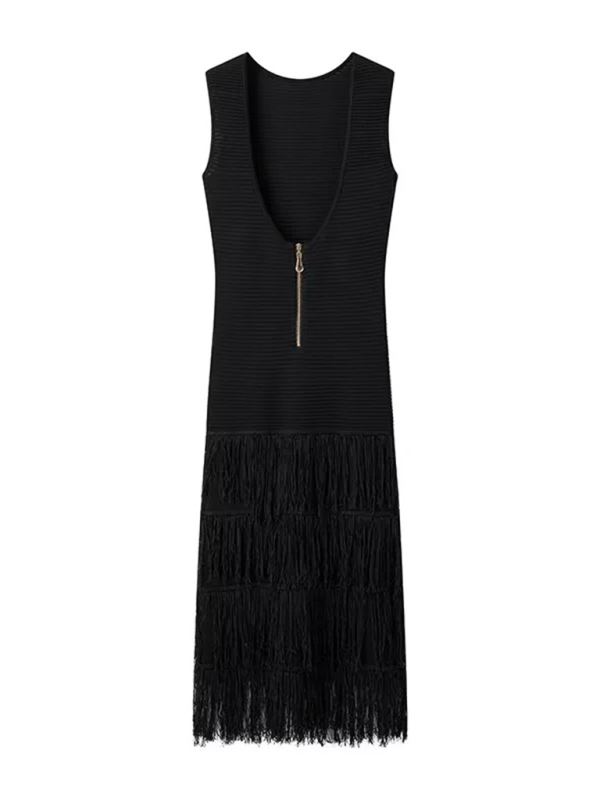 Retro Chic Round Neck Open Back Tassel Long Dress