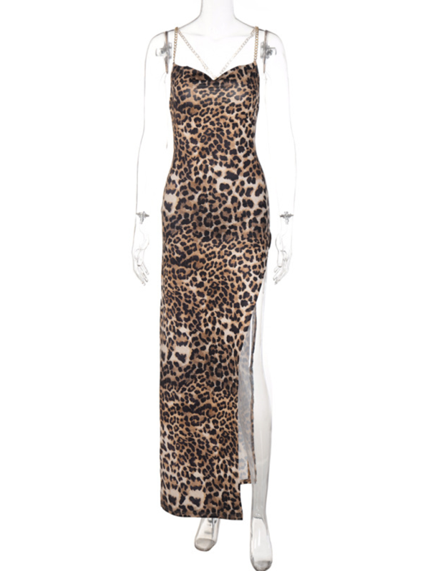 Leopard Print Backless Chain Strap Thigh High Slit Long Dress