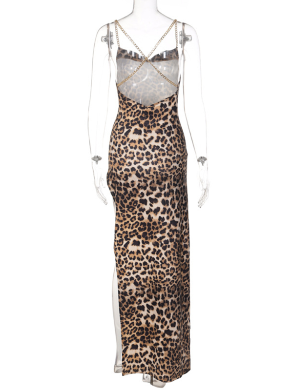 Leopard Print Backless Chain Strap Thigh High Slit Long Dress