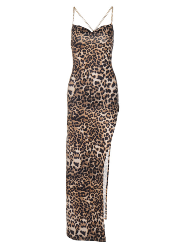 Leopard Print Backless Chain Strap Thigh High Slit Long Dress