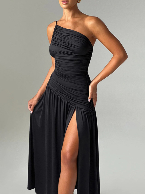 One Shoulder Strap Ruched Bodice High Slit Long Dress