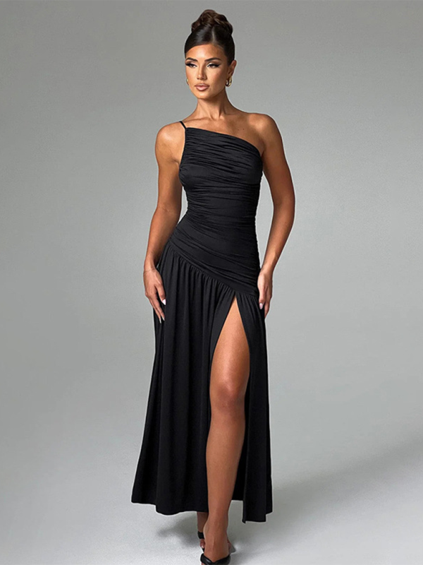 One Shoulder Strap Ruched Bodice High Slit Long Dress