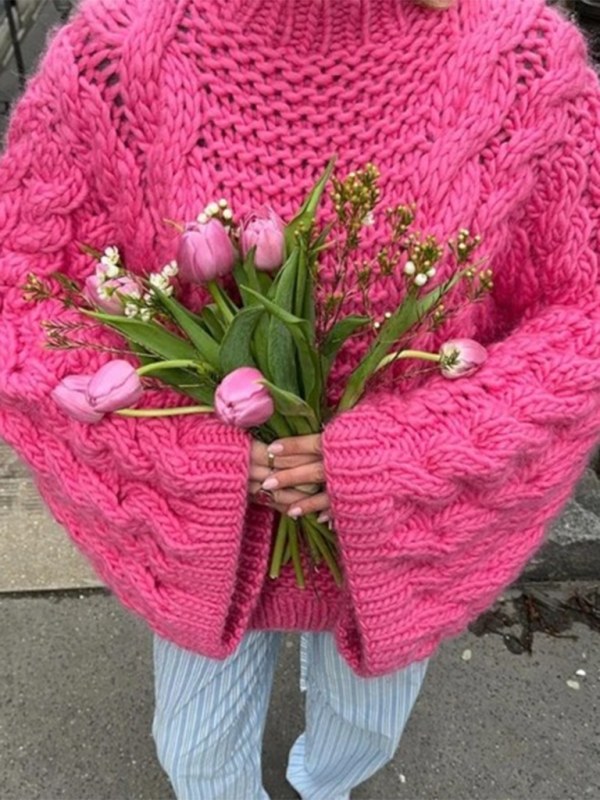 Women's Round Neck Bell Sleeve Loose Knitted Sweater