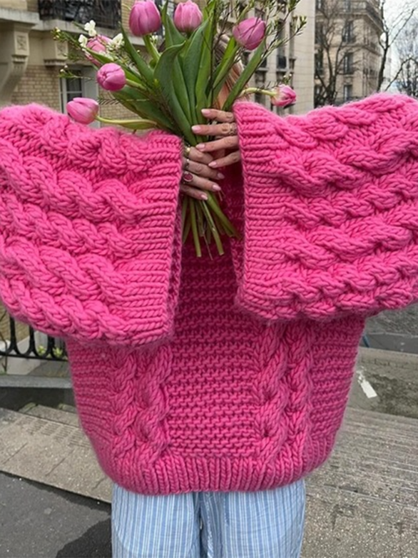 Women's Round Neck Bell Sleeve Loose Knitted Sweater