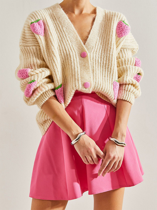 Adorable V-Neck Strawberry Embellished Button Knit Cardigan