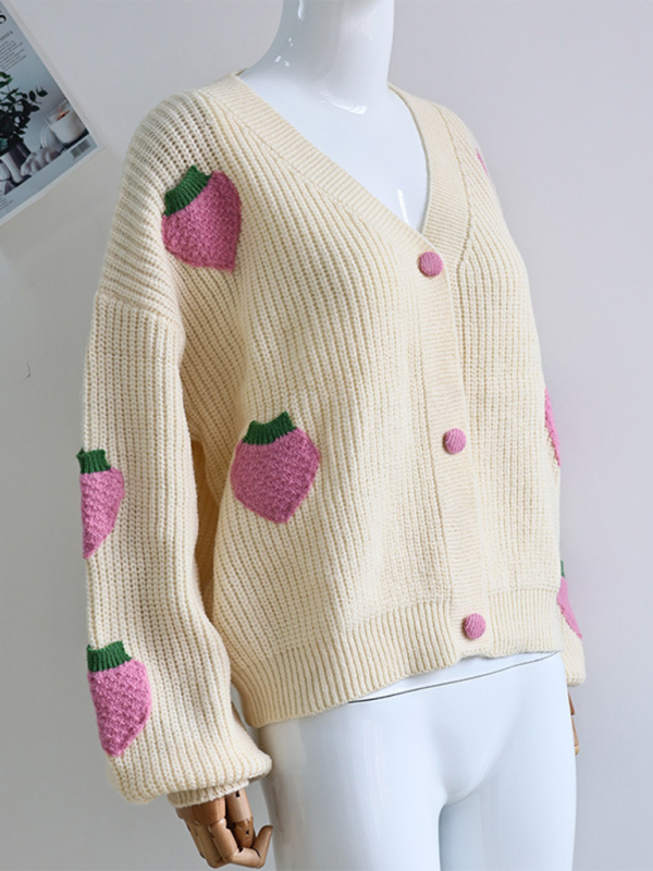 Adorable V-Neck Strawberry Embellished Button Knit Cardigan