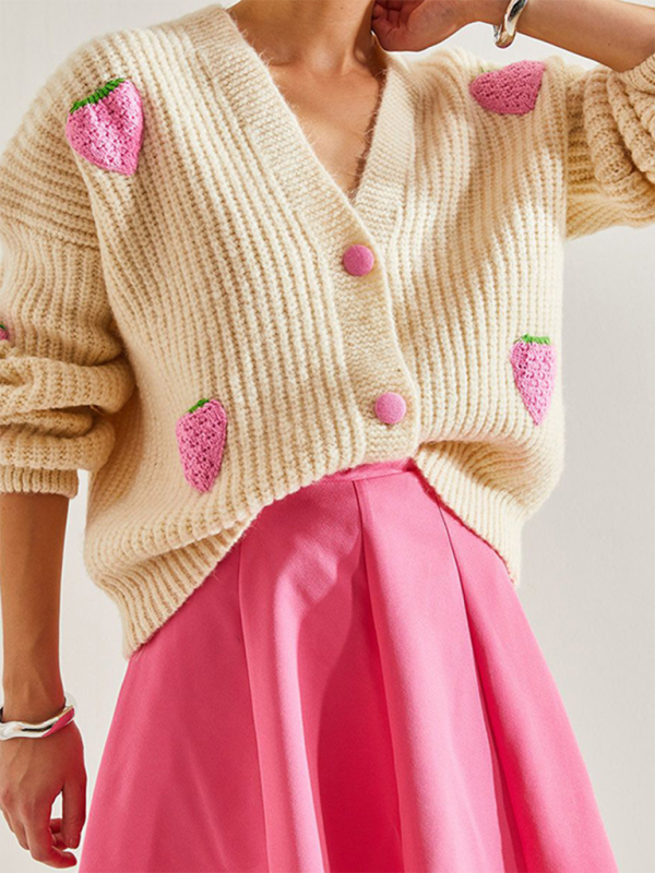 Adorable V-Neck Strawberry Embellished Button Knit Cardigan