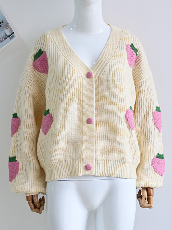 Adorable V-Neck Strawberry Embellished Button Knit Cardigan