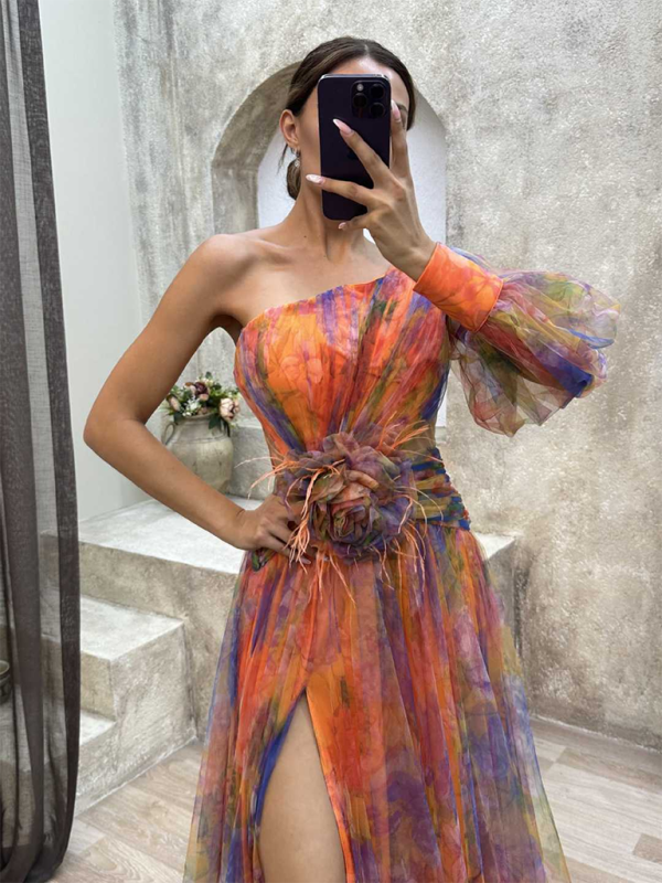 Stylish Painted Sheer One Shoulder Long Sleeve Long Dress with Flower Belt