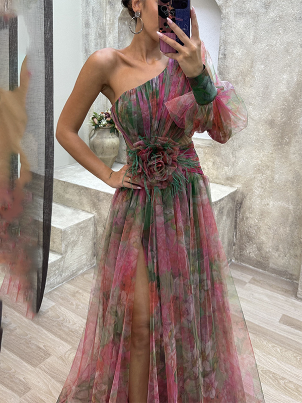 Stylish Painted Sheer One Shoulder Long Sleeve Long Dress with Flower Belt