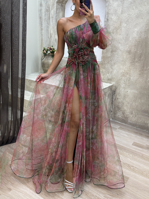 Stylish Painted Sheer One Shoulder Long Sleeve Long Dress with Flower Belt