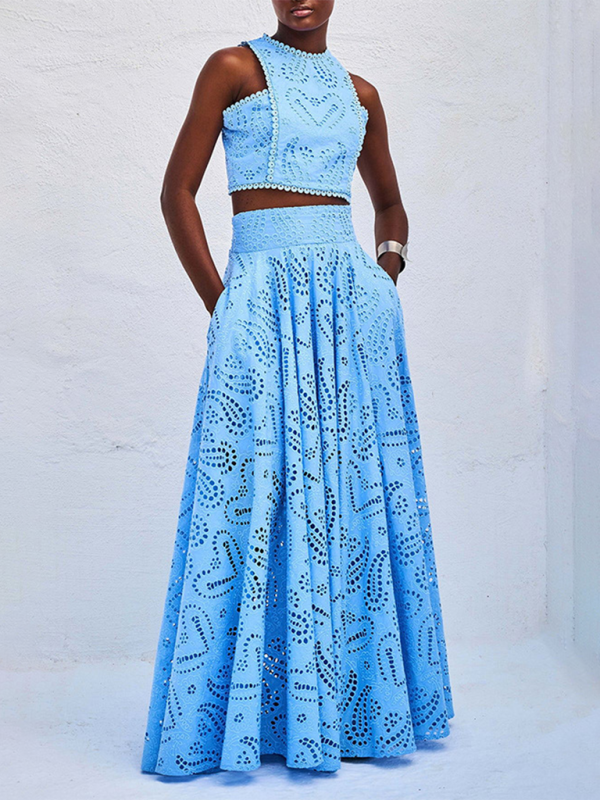 Women's Beautiful Laser Cut Eyelet Cropped Top and Long Skirt Set