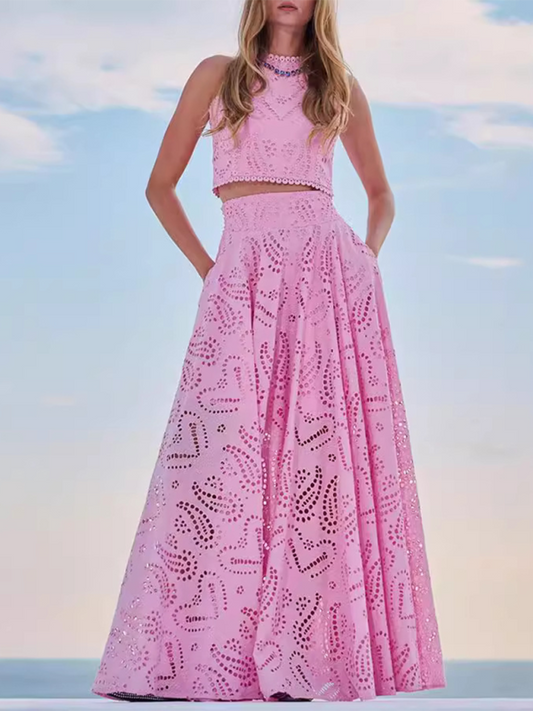 Women's Beautiful Laser Cut Eyelet Cropped Top and Long Skirt Set