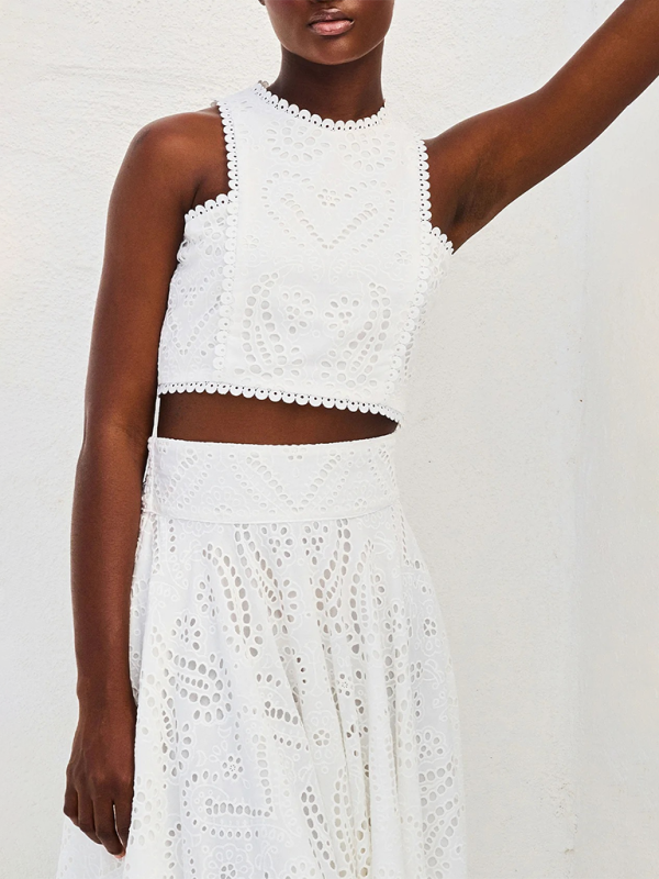 Women's Beautiful Laser Cut Eyelet Cropped Top and Long Skirt Set