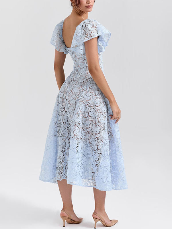 Lace Ruffle Short Sleeve Midi Dress