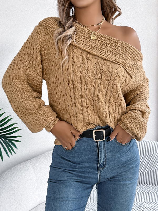 NEW ITEM! Women's Lapel Off-shoulder Cable Knit Long Sleeve Pullover Sweater