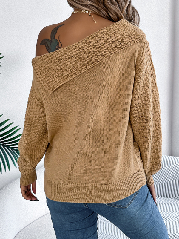 NEW ITEM! Women's Lapel Off-shoulder Cable Knit Long Sleeve Pullover Sweater