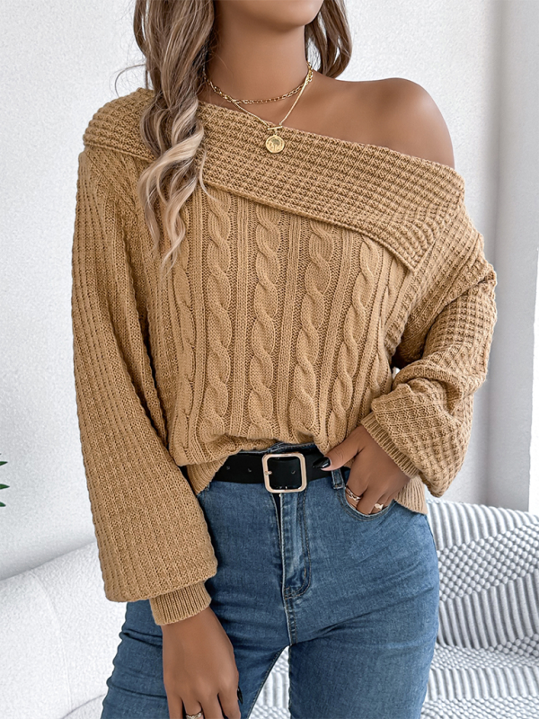 NEW ITEM! Women's Lapel Off-shoulder Cable Knit Long Sleeve Pullover Sweater