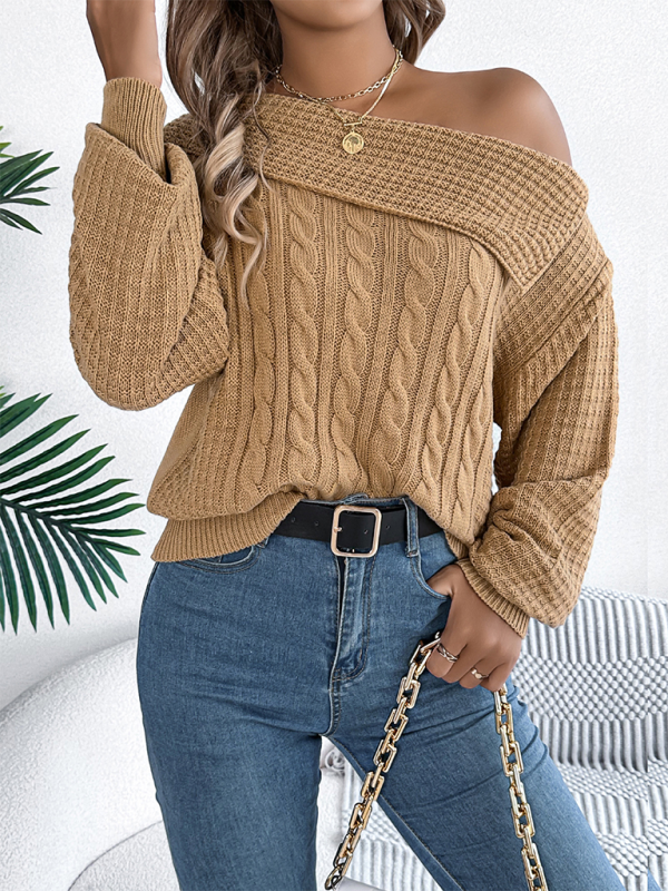 NEW ITEM! Women's Lapel Off-shoulder Cable Knit Long Sleeve Pullover Sweater