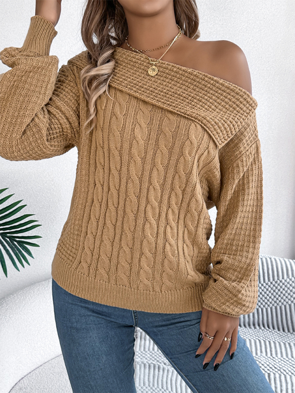 NEW ITEM! Women's Lapel Off-shoulder Cable Knit Long Sleeve Pullover Sweater