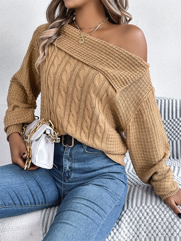 NEW ITEM! Women's Lapel Off-shoulder Cable Knit Long Sleeve Pullover Sweater