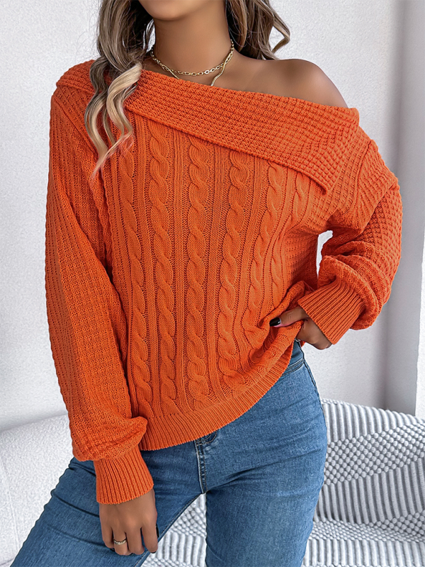 NEW ITEM! Women's Lapel Off-shoulder Cable Knit Long Sleeve Pullover Sweater