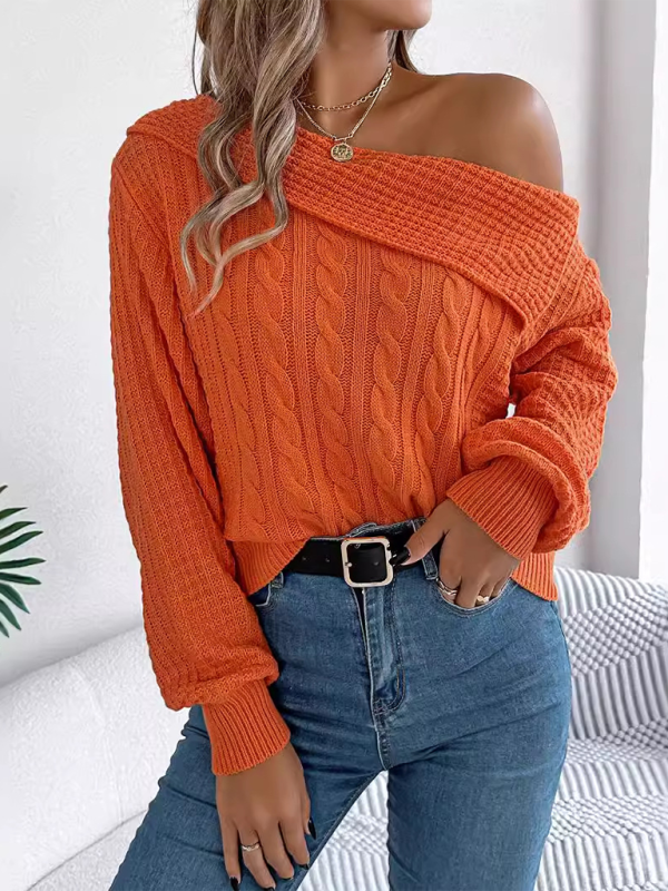 NEW ITEM! Women's Lapel Off-shoulder Cable Knit Long Sleeve Pullover Sweater