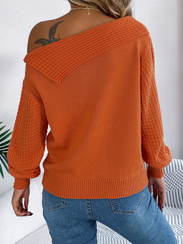 NEW ITEM! Women's Lapel Off-shoulder Cable Knit Long Sleeve Pullover Sweater