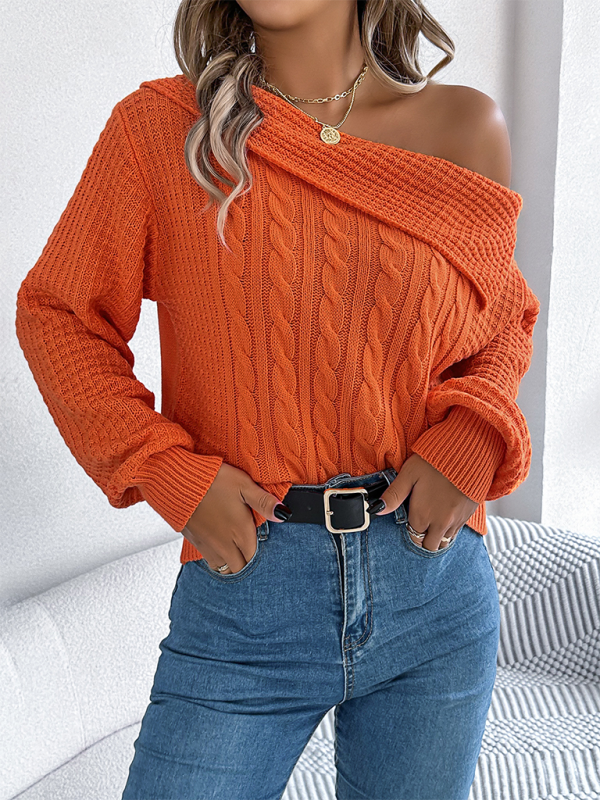 NEW ITEM! Women's Lapel Off-shoulder Cable Knit Long Sleeve Pullover Sweater