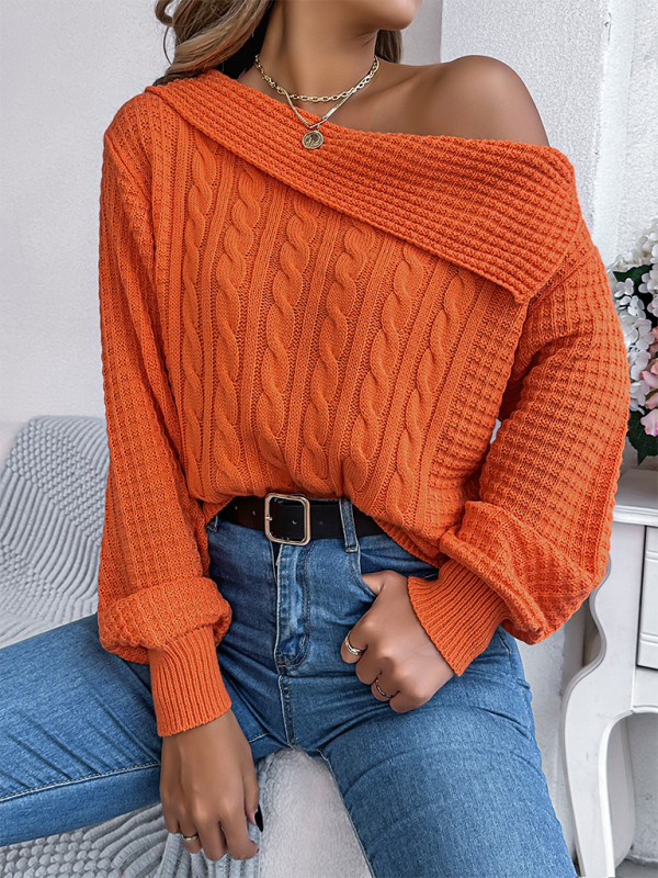 NEW ITEM! Women's Lapel Off-shoulder Cable Knit Long Sleeve Pullover Sweater