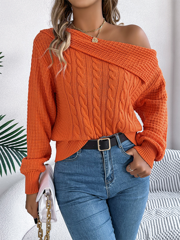 NEW ITEM! Women's Lapel Off-shoulder Cable Knit Long Sleeve Pullover Sweater