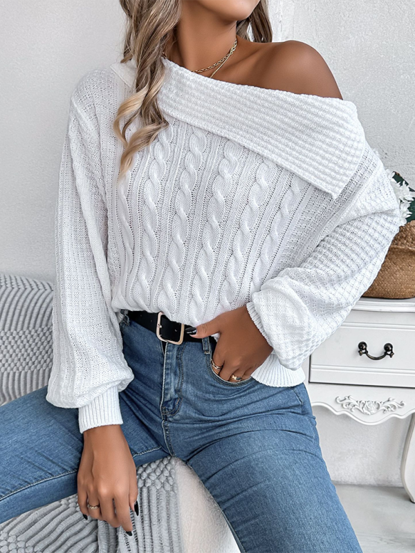 NEW ITEM! Women's Lapel Off-shoulder Cable Knit Long Sleeve Pullover Sweater