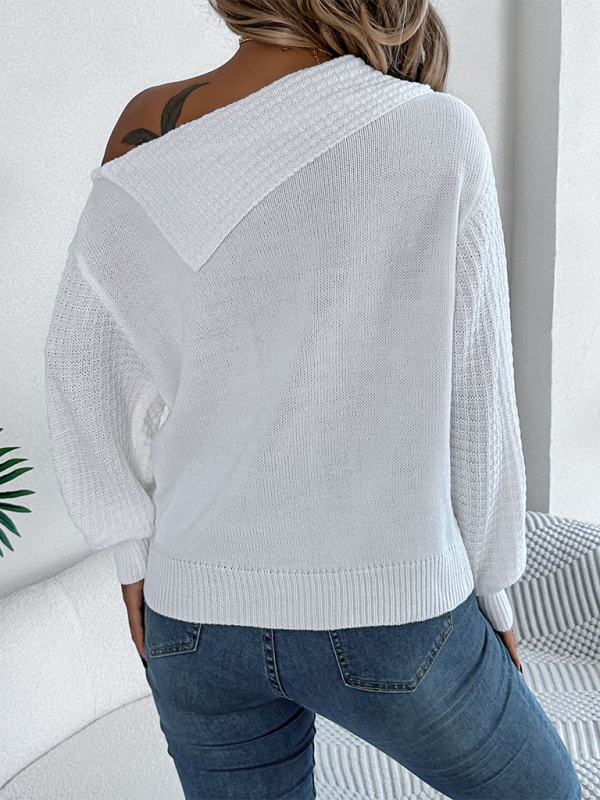 NEW ITEM! Women's Lapel Off-shoulder Cable Knit Long Sleeve Pullover Sweater