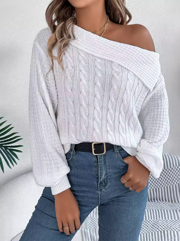 NEW ITEM! Women's Lapel Off-shoulder Cable Knit Long Sleeve Pullover Sweater