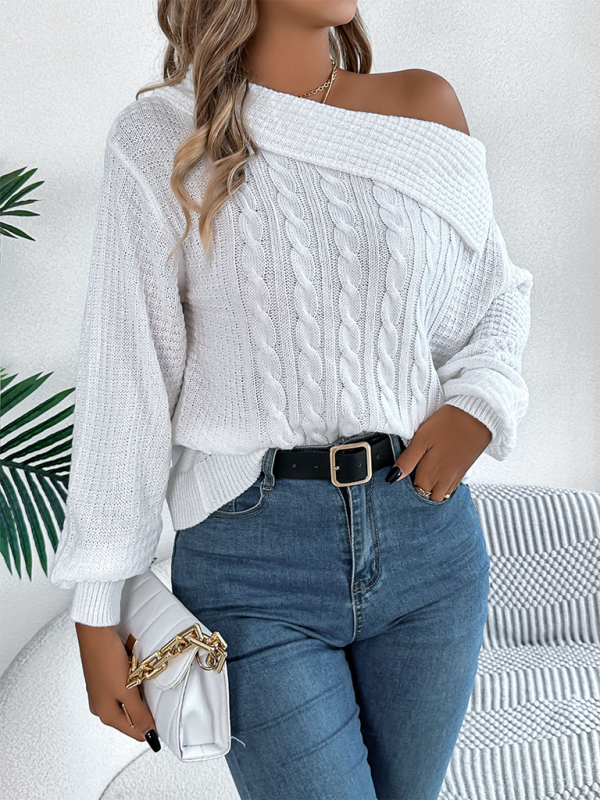 NEW ITEM! Women's Lapel Off-shoulder Cable Knit Long Sleeve Pullover Sweater