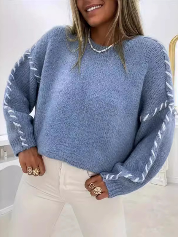 Round Neck Reverse Stitching Long Sleeve Pullover Sweater