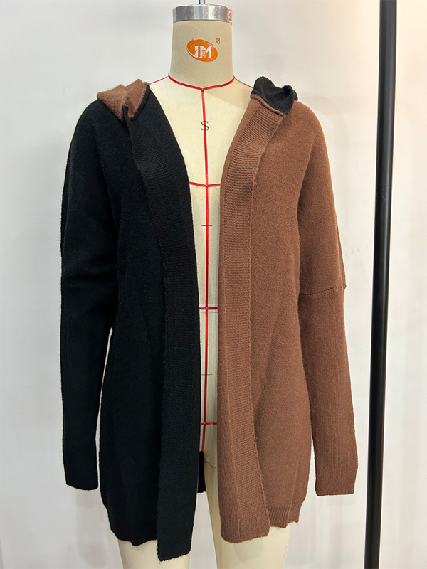 Color Block Hooded Open Knit Cardigan