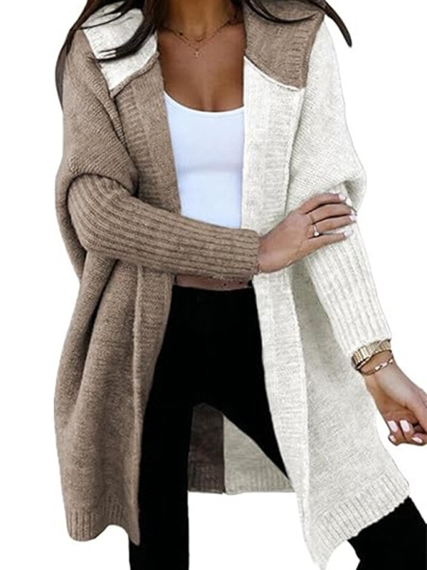 Color Block Hooded Open Knit Cardigan