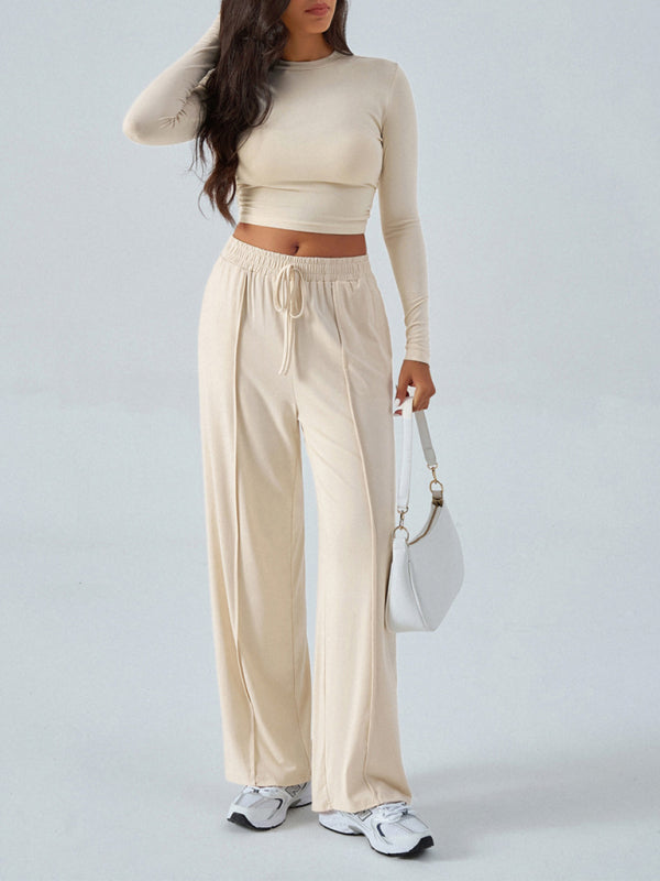 Women's Round Neck Long Sleeve Top and Wide Leg Pants Set - Cozy Fall Wardrobe