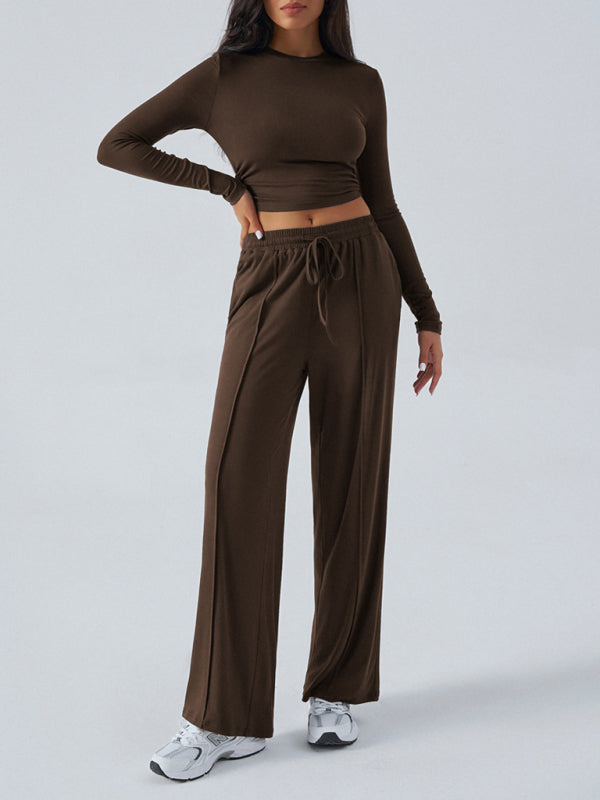 Women's Round Neck Long Sleeve Top and Wide Leg Pants Set - Cozy Fall Wardrobe