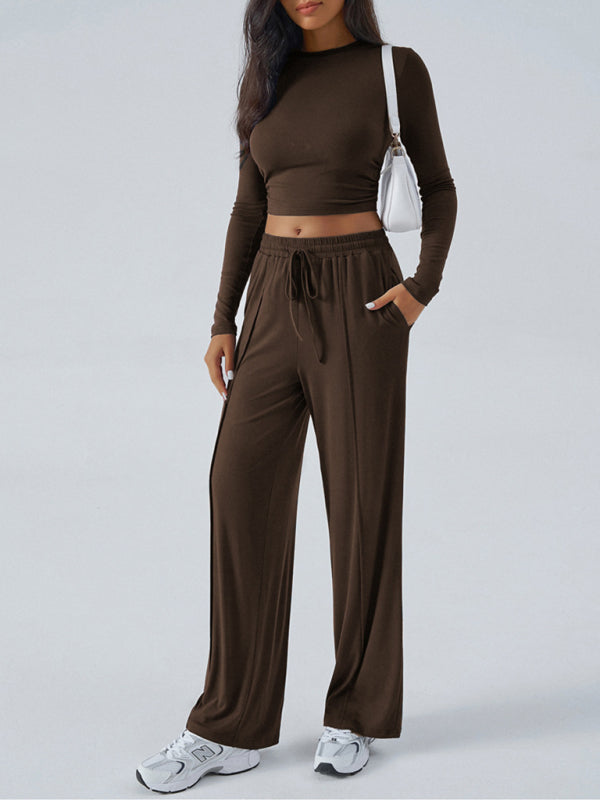 Women's Round Neck Long Sleeve Top and Wide Leg Pants Set - Cozy Fall Wardrobe