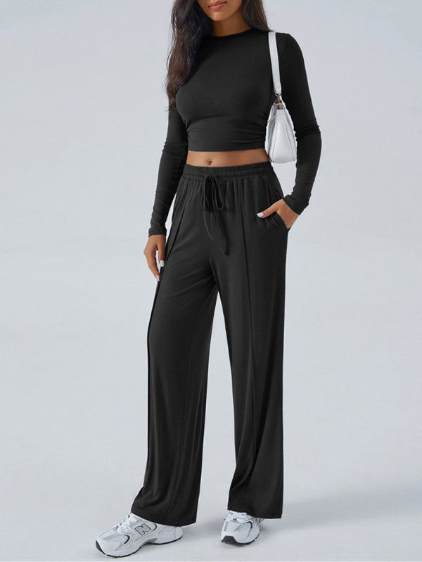 Women's Round Neck Long Sleeve Top and Wide Leg Pants Set - Cozy Fall Wardrobe