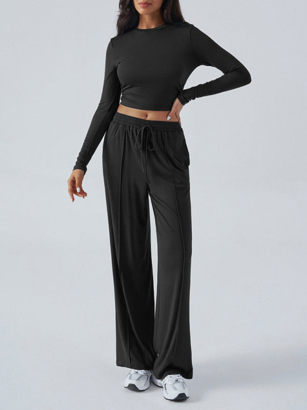 Women's Round Neck Long Sleeve Top and Wide Leg Pants Set - Cozy Fall Wardrobe